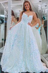 Strapless Sweetheart White Sequin A-Line Long Prom Dress-27dress